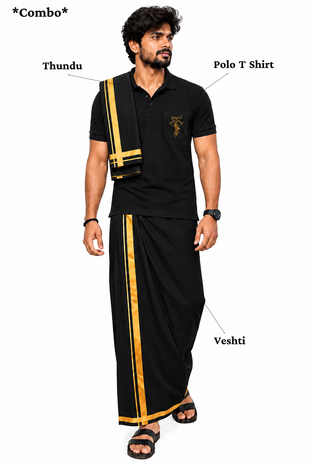 Golden Swami Pocket Polo T Shirt + Veshti + Thundu ( COMBO )