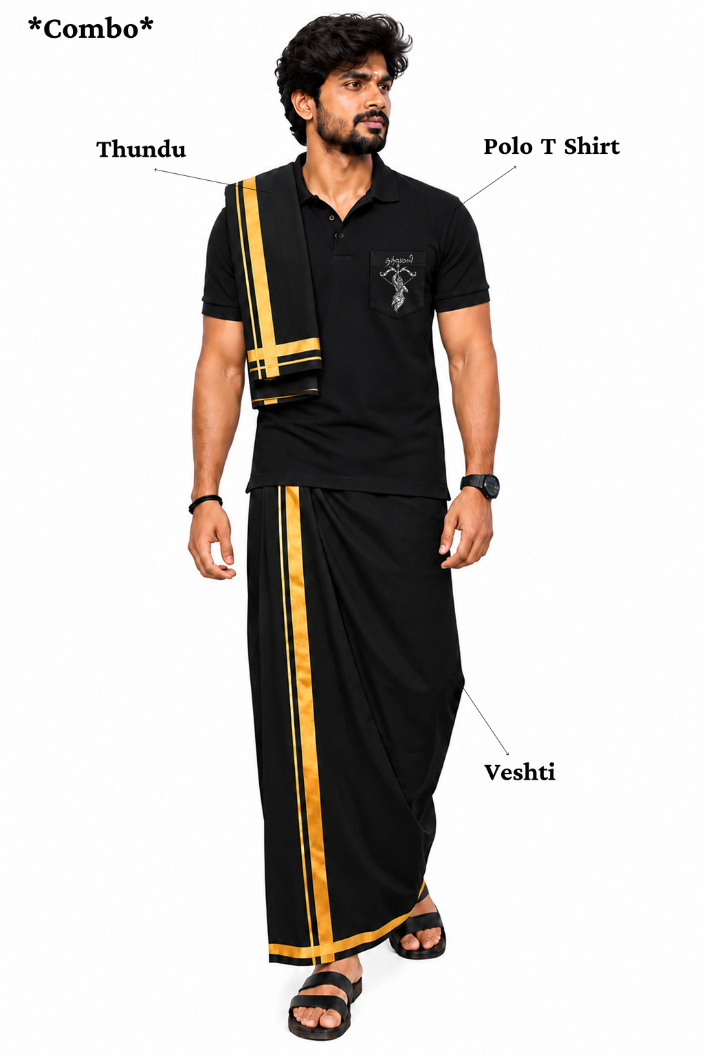 Silver Ayyappa Pocket Polo T Shirt + Veshti + Thundu ( COMBO )
