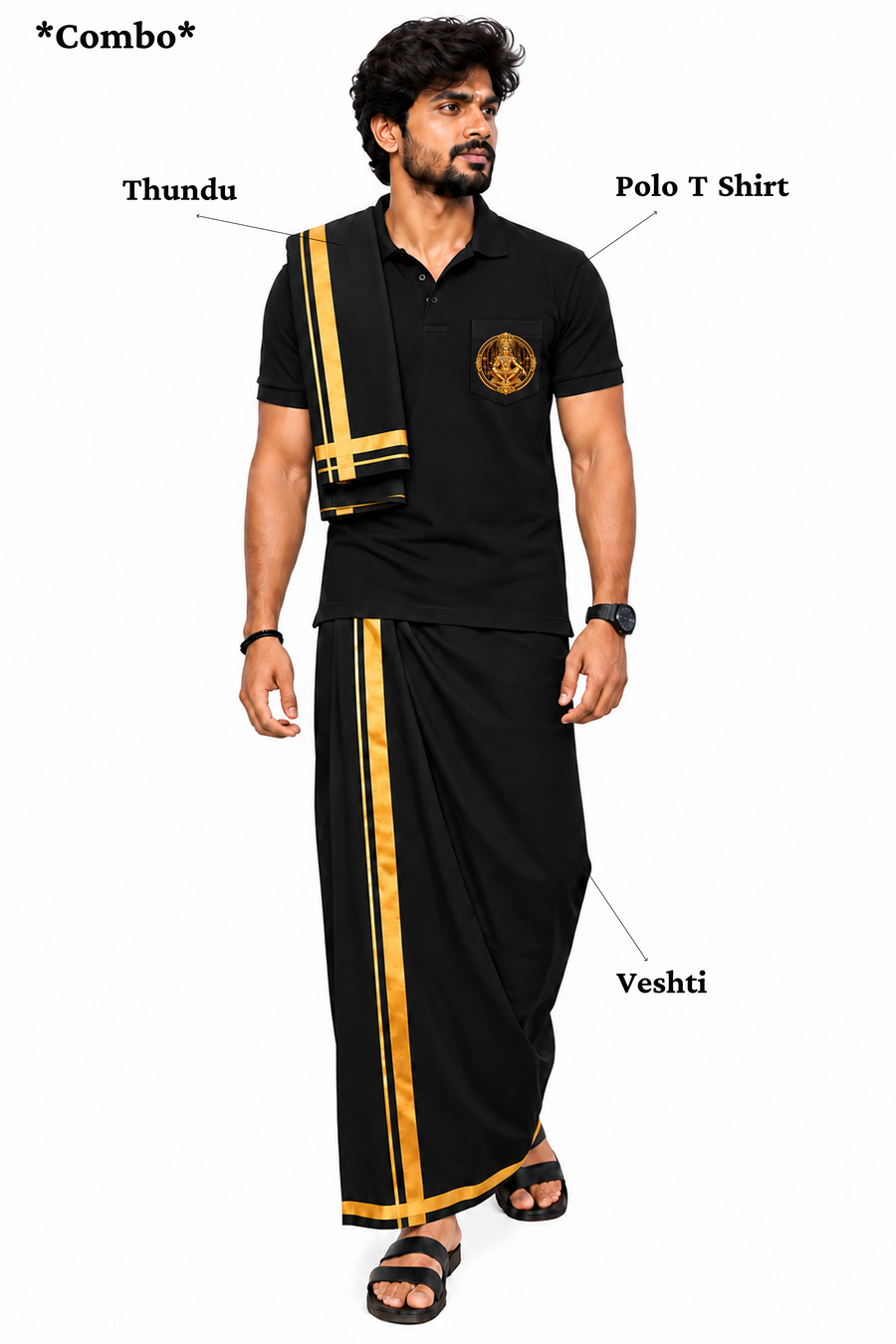 Swami Tiger Ride Pocket Polo T Shirt + Veshti + Thundu ( COMBO )