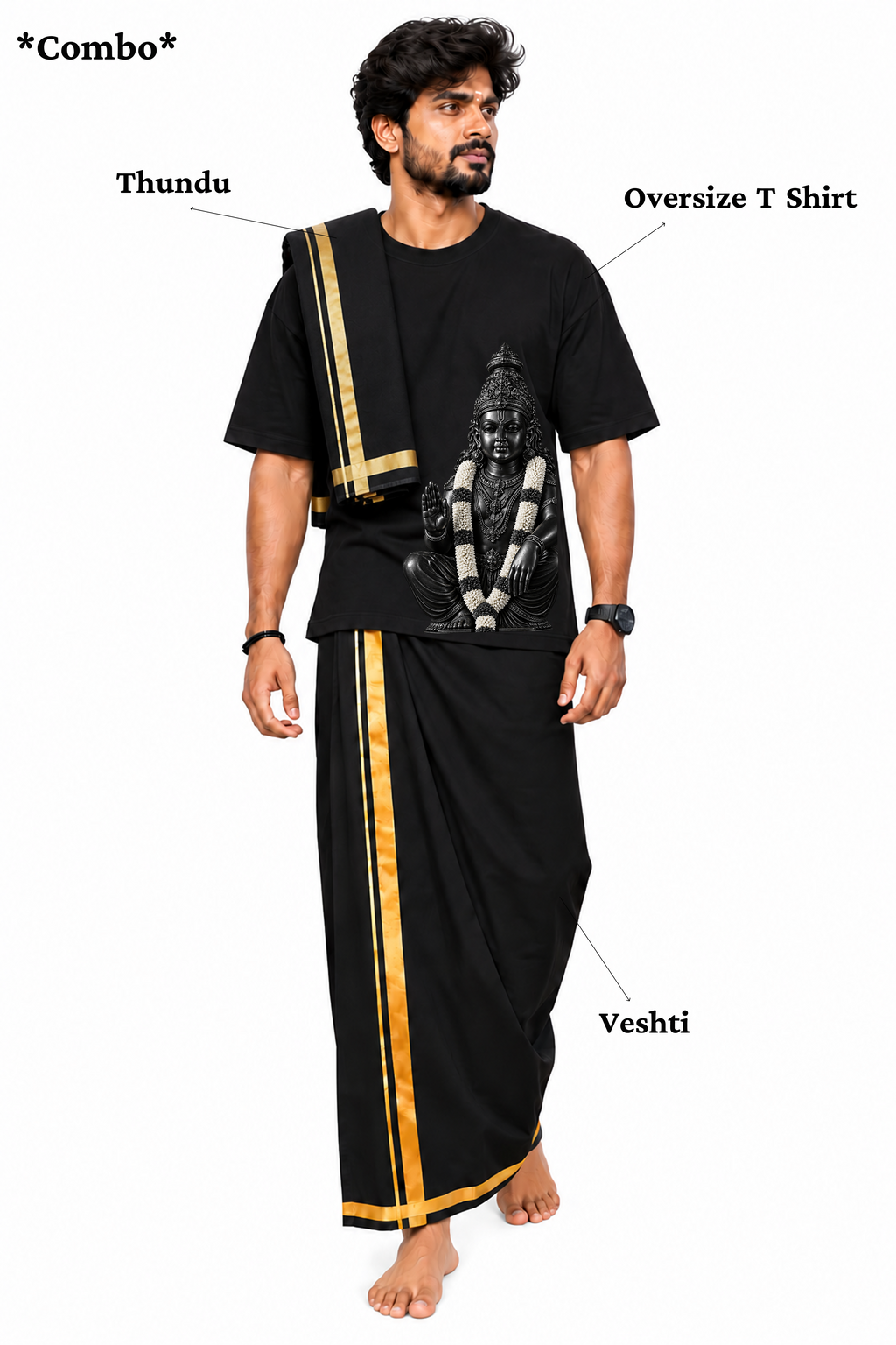 Front Ayyappa Oversize T Shirt + Veshti + Thundu ( COMBO )