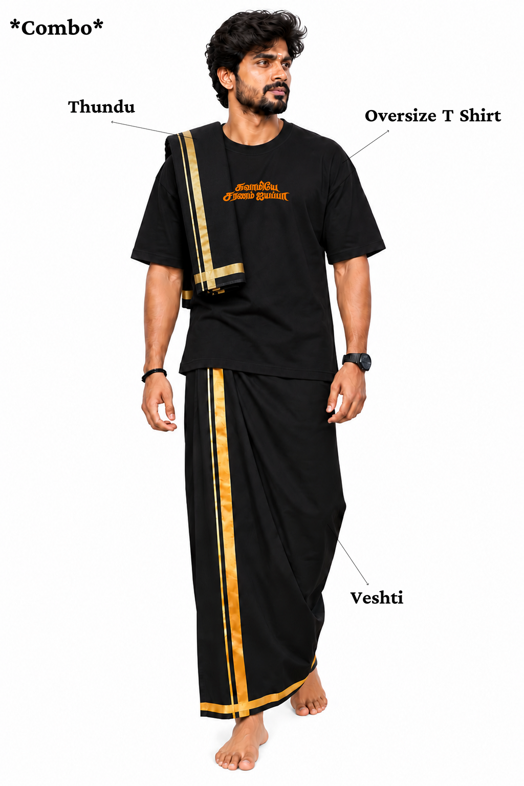 Orange Devotion Oversize T Shirt + Veshti + Thundu ( COMBO )