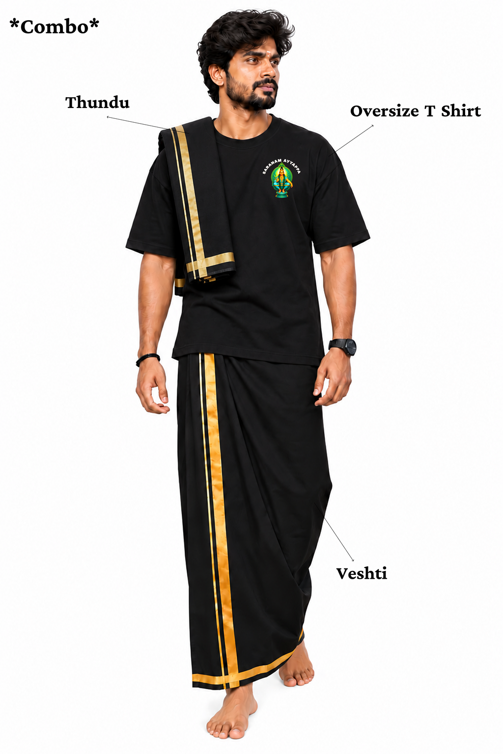 Green Warrior Ayyappa Oversize T Shirt + Veshti + Thundu ( COMBO )
