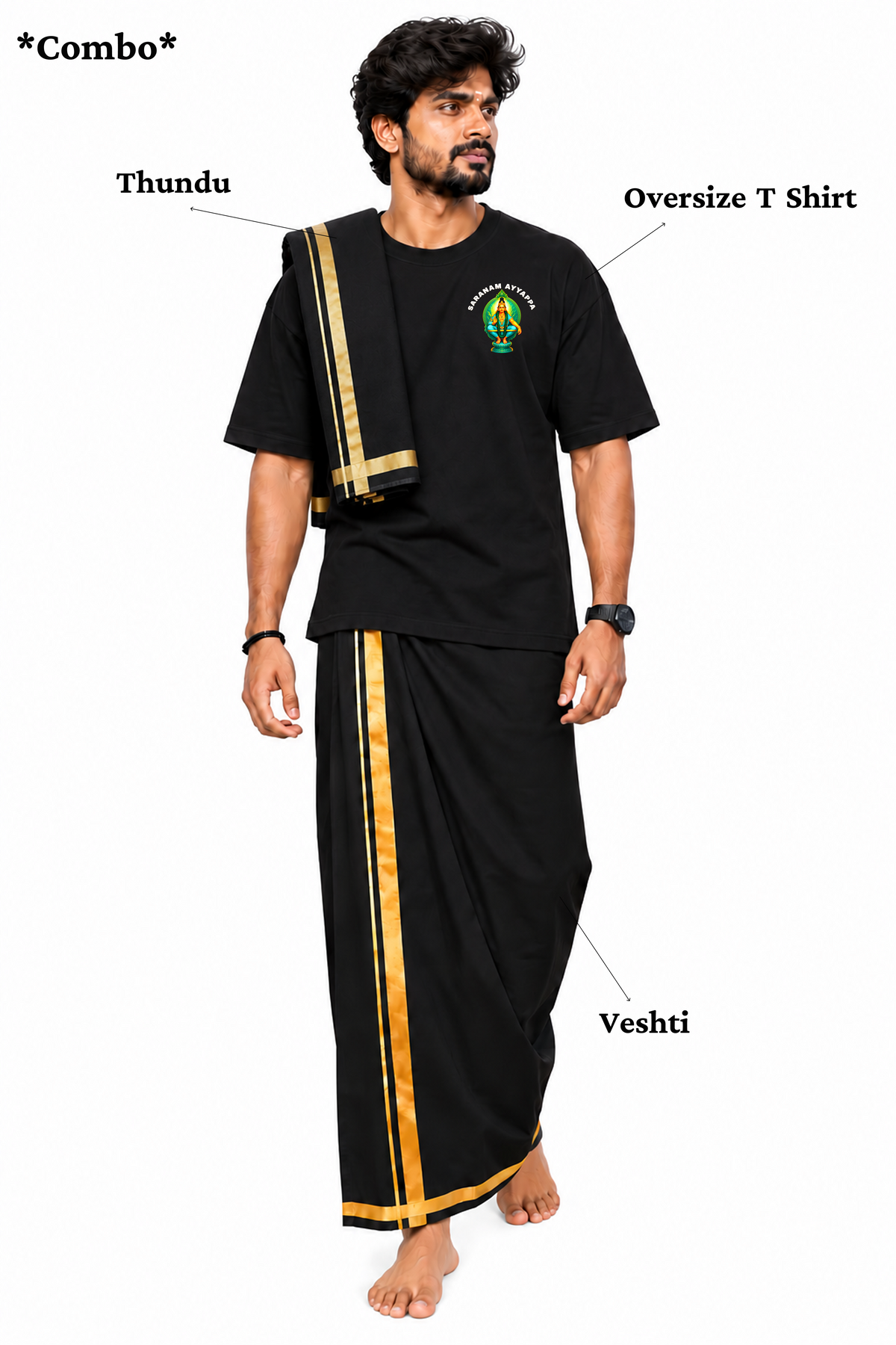 Green Warrior Ayyappa Oversize T Shirt + Veshti + Thundu ( COMBO )