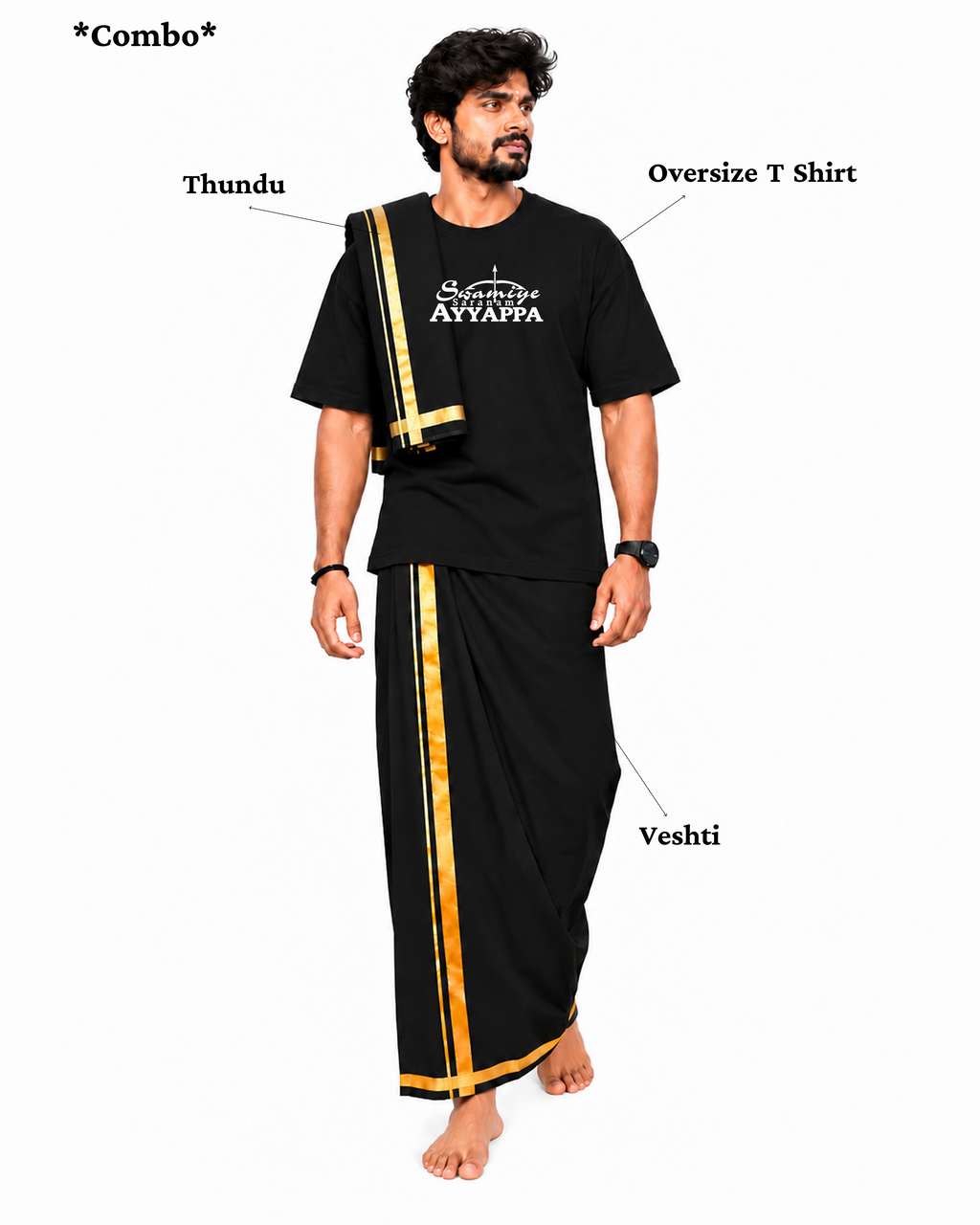 Sabarimala Yatra Black Oversize T-Shirt + Veshti + Thundu