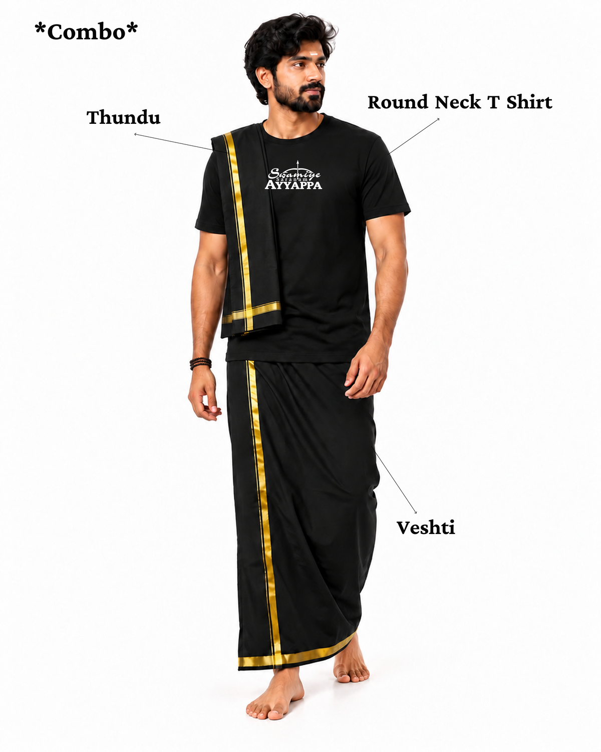 Sabarimala Yatra Black Round Neck T-Shirt + Veshti + Thundu (COMBO)