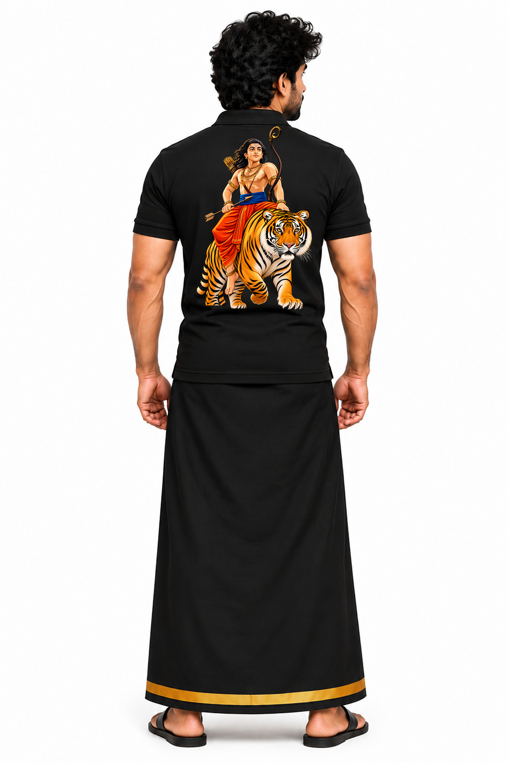Swami Tiger Ride Pocket Polo T Shirt + Veshti + Thundu ( COMBO )