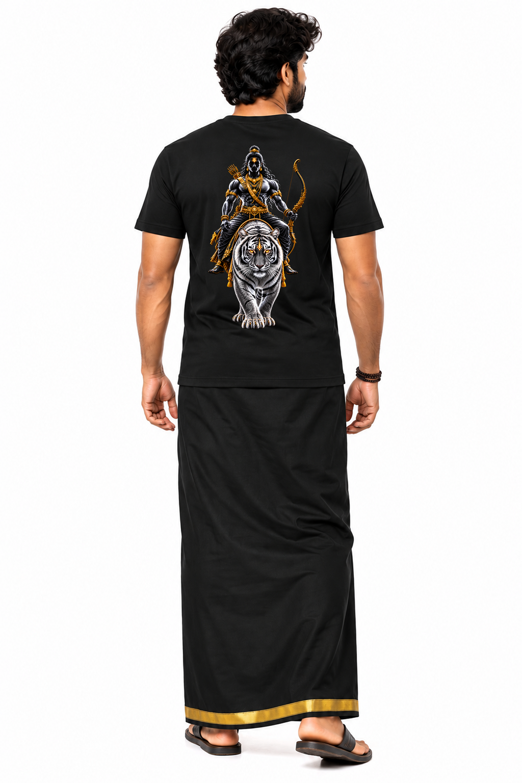 White Tiger Legend Round Neck T Shirt + Veshti + Thundu ( COMBO )