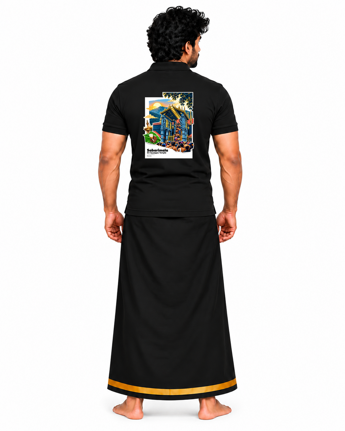 Sabarimala Yatra Black Polo T-Shirt + Veshti + Thundu (COMBO)